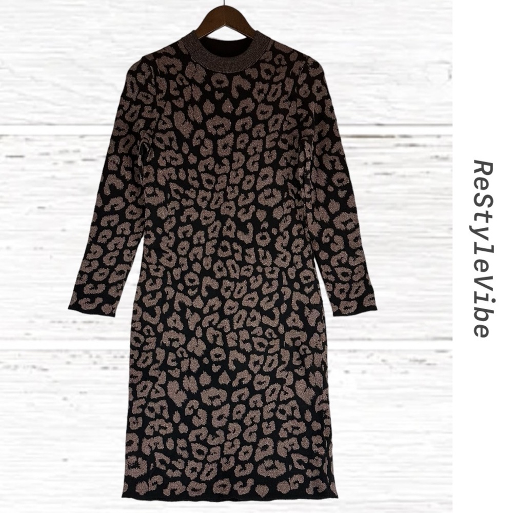 BANANA REPUBLIC Women’s Size S Dress Sweater Leopard Metallic Print Knit Midi